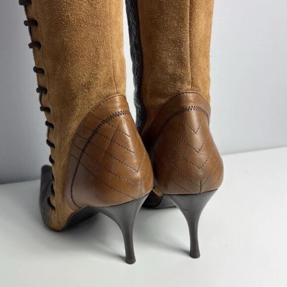 Vintage Avant Garde Just Cavalli Leather Knee High Boots Brown Croc Pointed Toe - Picture 7 of 7